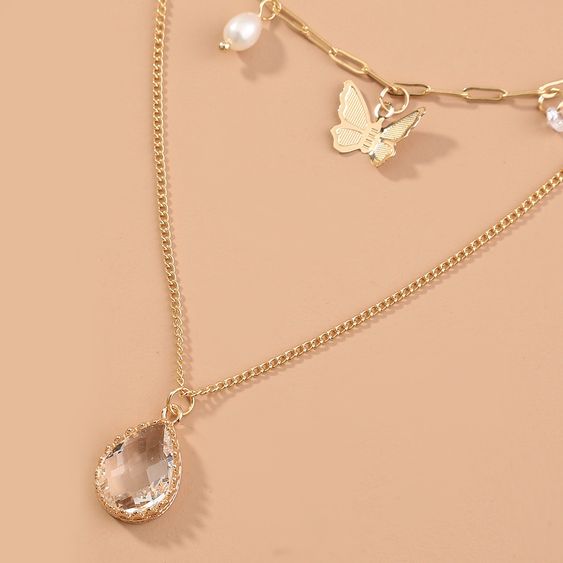 Butterfly and Gems Layered Necklace -Gold Color- Trendznstuff